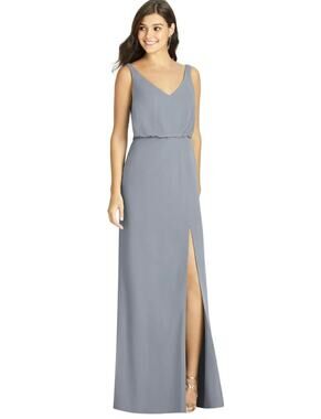 Thread Blouson Bodice Mermaid Dress Platinum Silver Size 8 NWT Gown Front Slit